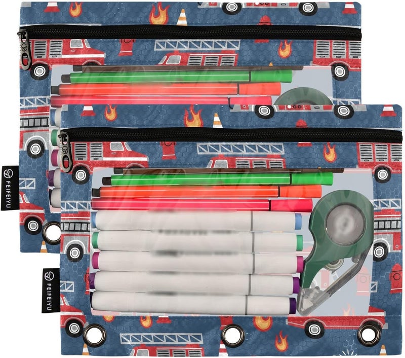 BOENLE Fire Trucks Pencil Pouch for 3 Ring Binder, 2 Pack Waterproof Pencil Bags Clear Window Zipper School Office Supplies - Image 2